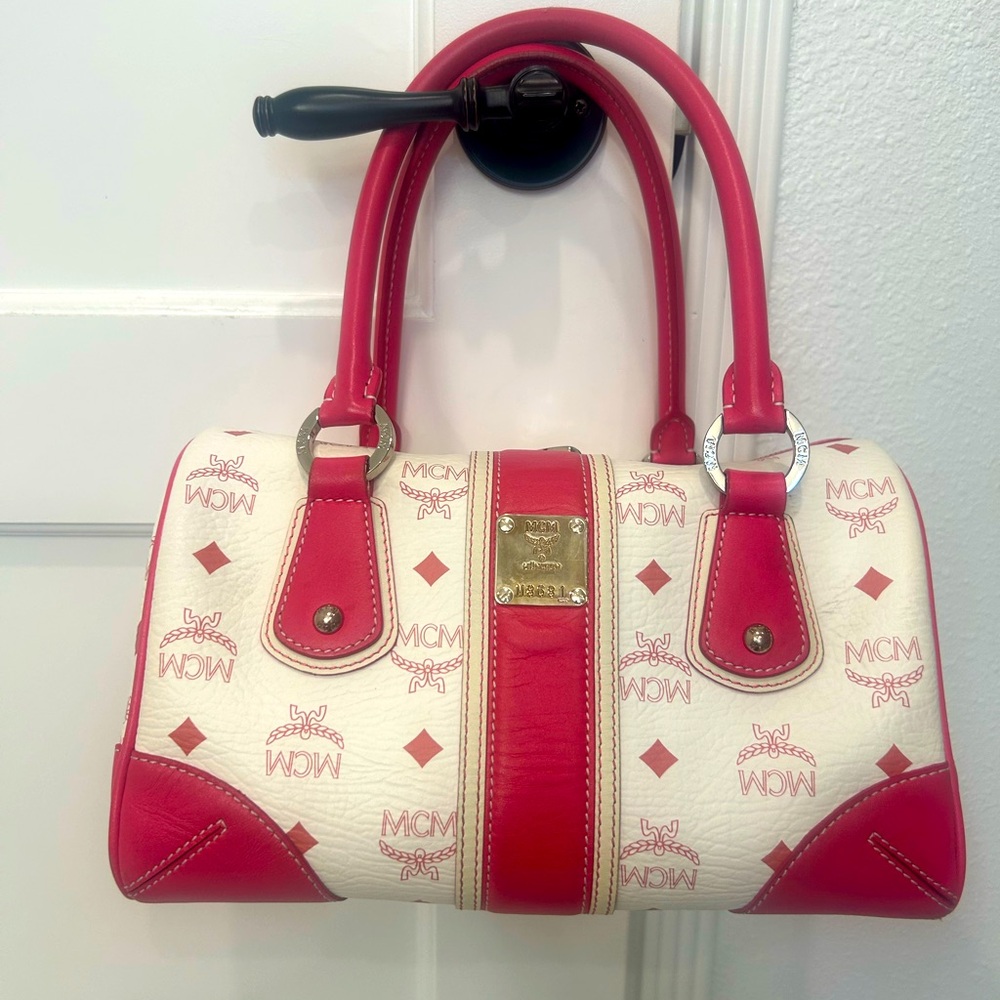 MCM Pink and White Satchel in Visetos